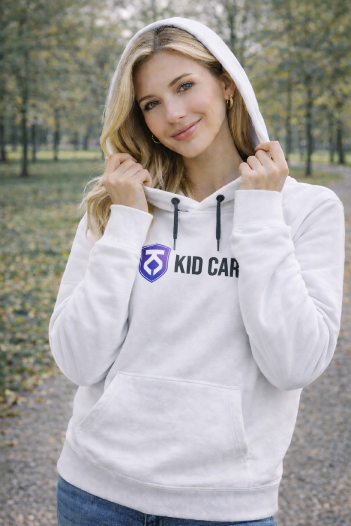A standing woman wearing a white Kid Careers hoodie with the hood up and her hands on the collar. She's smiling with a park in the background